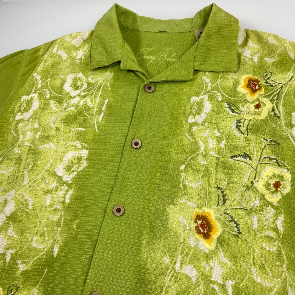 Tommy Bahama Mens M Green Silk Floral Camp Shirt Embroidered Hawaiian Tropical